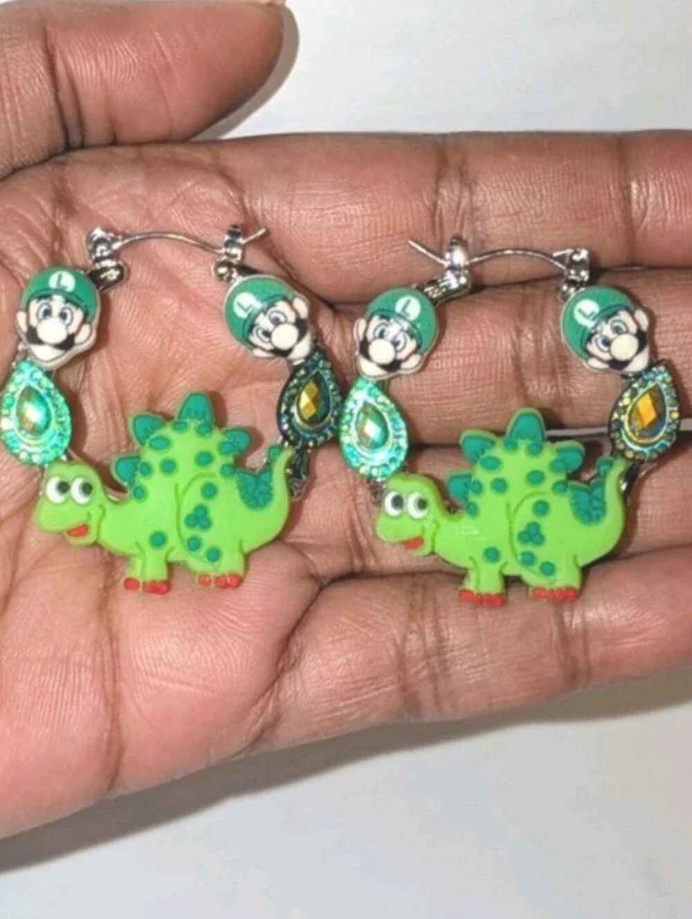 Hand CRAFTED Luigi Dinosaur Hoop Earrings Green For Kids And Adults - Picture 8 of 10